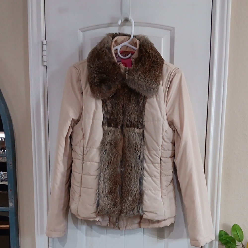 RADLEY Cream & Brown Rabbit Fur Ski Vest Over Jacket Vtg